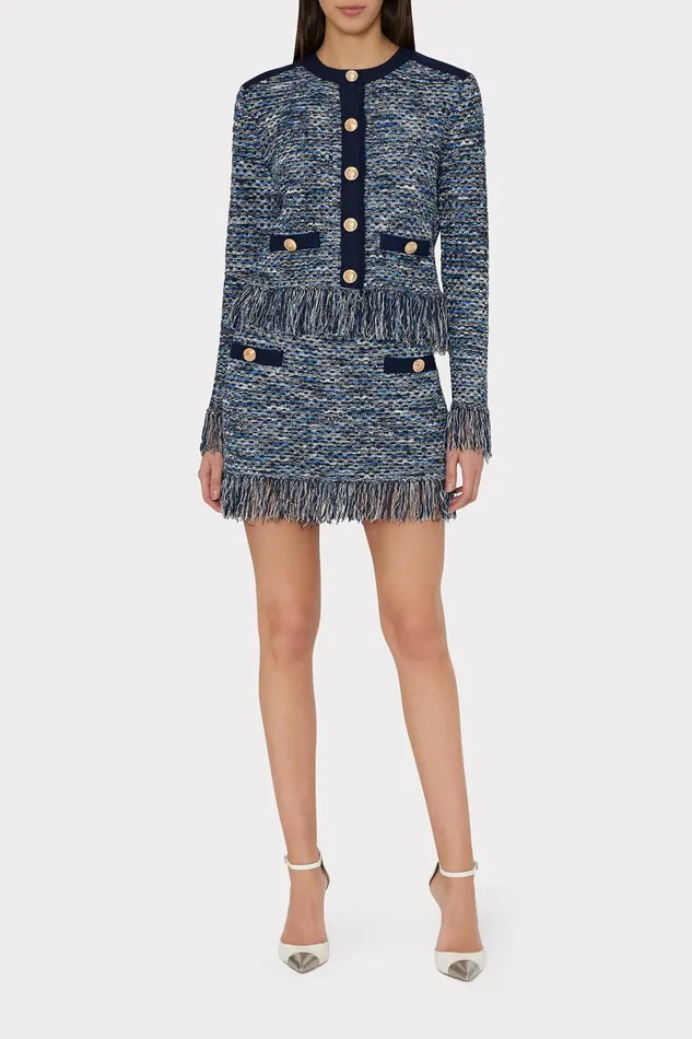 Women Sweaters and Knits Milly Kaia Textured Knit Cardigan Jacket Navy Multi