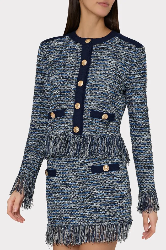 Women Sweaters and Knits Milly Kaia Textured Knit Cardigan Jacket Navy Multi