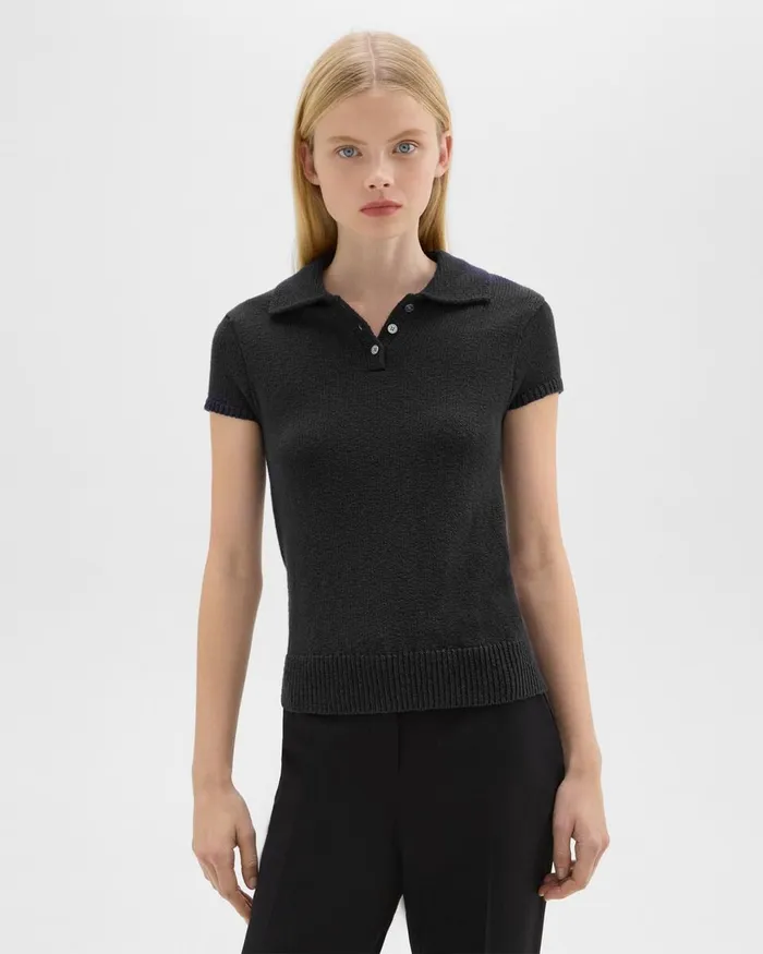 Women Sweaters Cardigans Theory Cap Sleeve Polo In CottonWool Boucleacute Black
