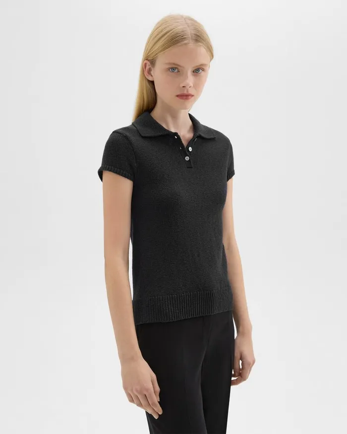 Women Sweaters Cardigans Theory Cap Sleeve Polo In CottonWool Boucleacute Black