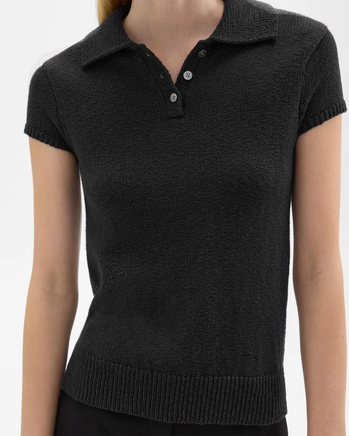 Women Sweaters Cardigans Theory Cap Sleeve Polo In CottonWool Boucleacute Black