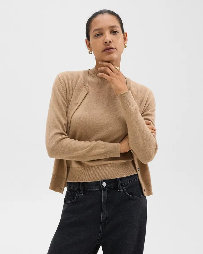 Women Sweaters Cardigans Theory Crewneck Cardigan In Cashmere Royal Camel