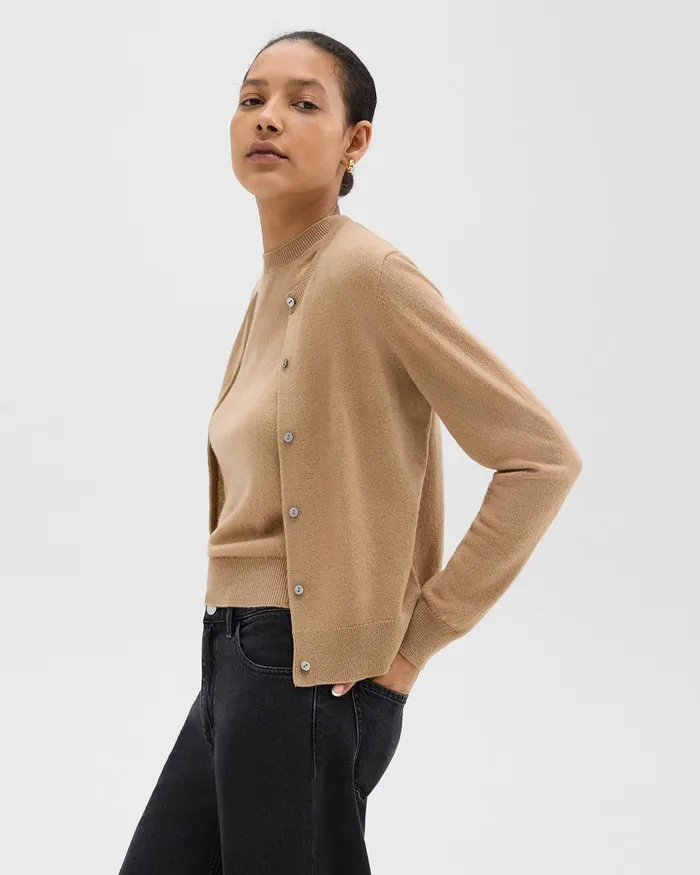 Women Sweaters Cardigans Theory Crewneck Cardigan In Cashmere Royal Camel