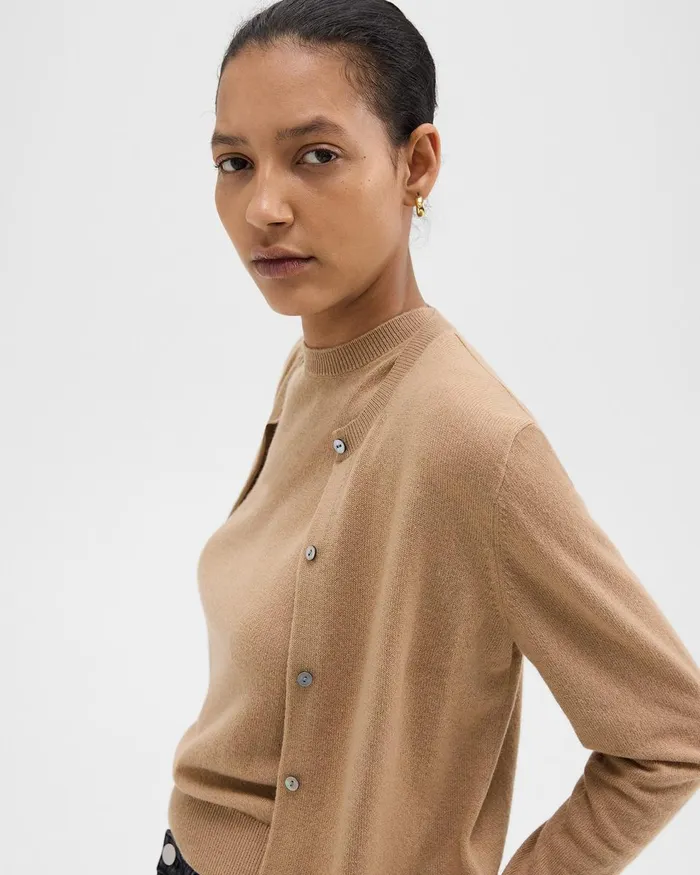 Women Sweaters Cardigans Theory Crewneck Cardigan In Cashmere Royal Camel