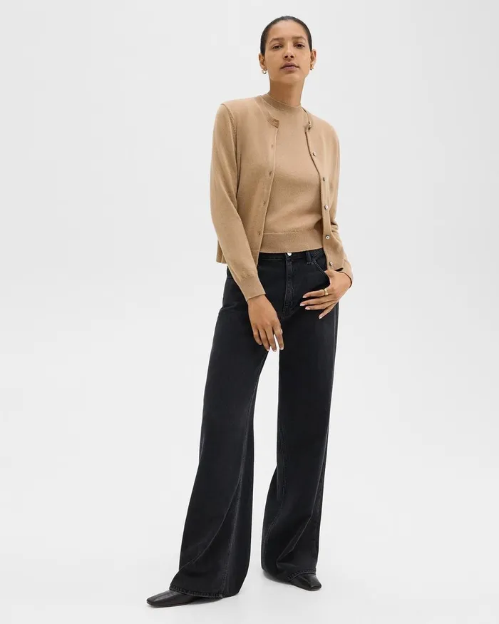 Women Sweaters Cardigans Theory Crewneck Cardigan In Cashmere Royal Camel