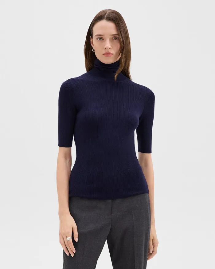 Women Sweaters Cardigans Theory ShortSleeve Turtleneck In Merino Wool Deep Navy