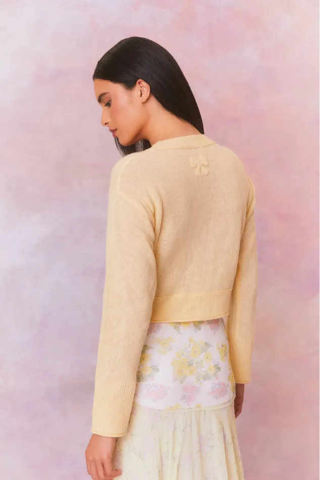 Women Sweaters LoveShackFancy Lawrence Yellow Bow Applique Cardigan Buttercup