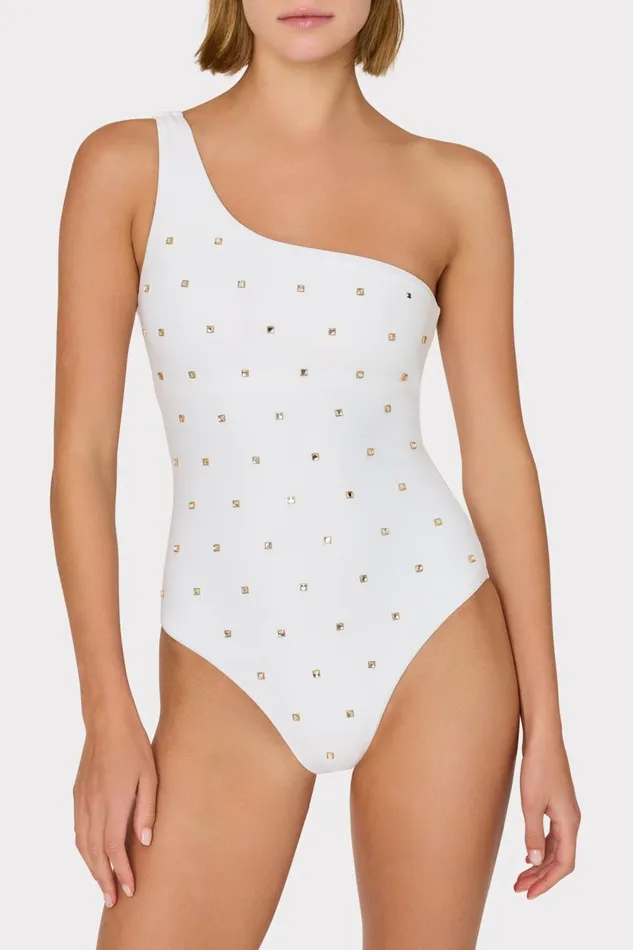 Women Swim and Coverups Milly Joni Diamond Heat Set One Shoulder One Piece White
