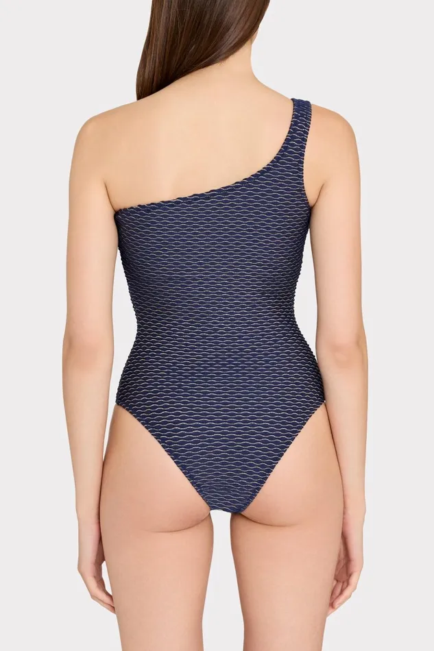 Women Swim and Coverups Milly Joni Textured Waves One Shoulder One Piece Navy