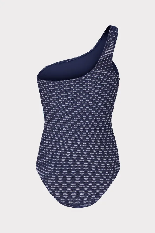 Women Swim and Coverups Milly Joni Textured Waves One Shoulder One Piece Navy