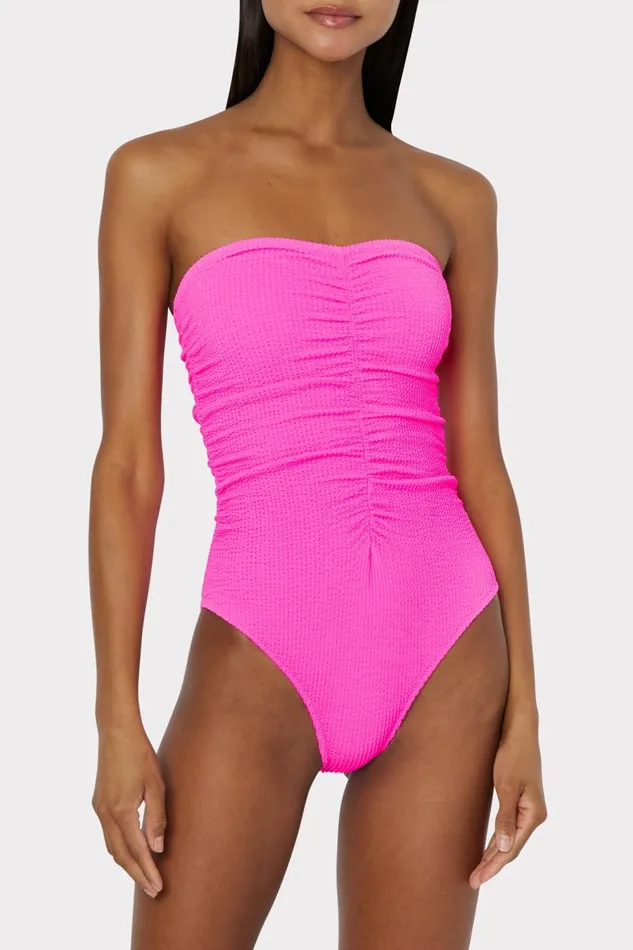 Women Swim and Coverups Milly Textured Ruched One Piece Neon Pink