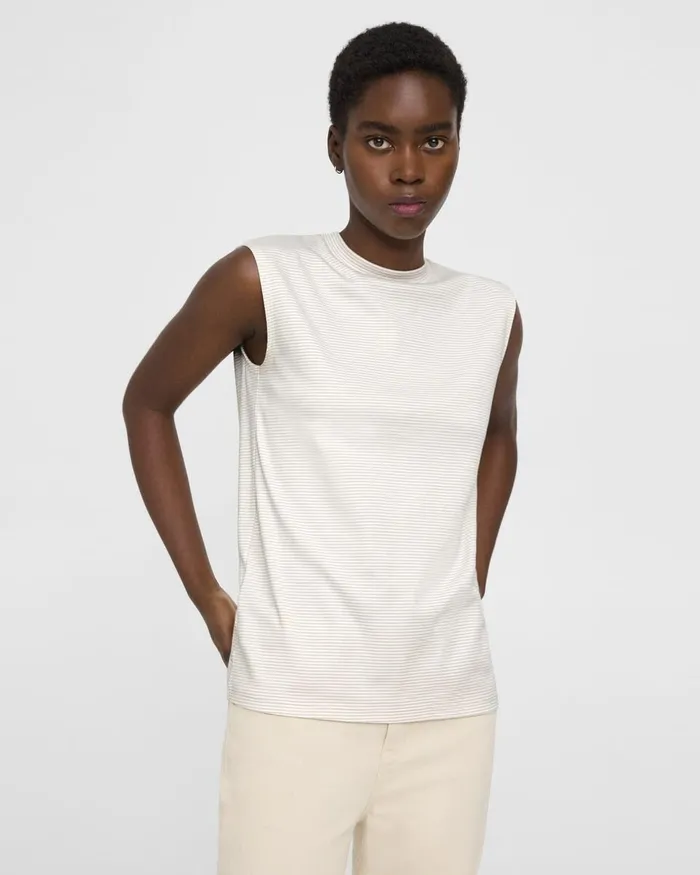 Women TShirts Tank Tops Theory Perfect CutOff Tee In Striped Cotton Jersey Sand Multi