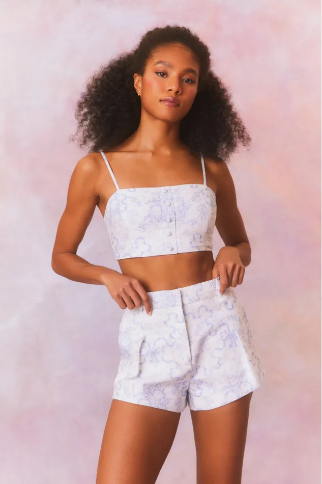 Women Tops LoveShackFancy Isadore Bow Print Cropped Top Blissful Blue