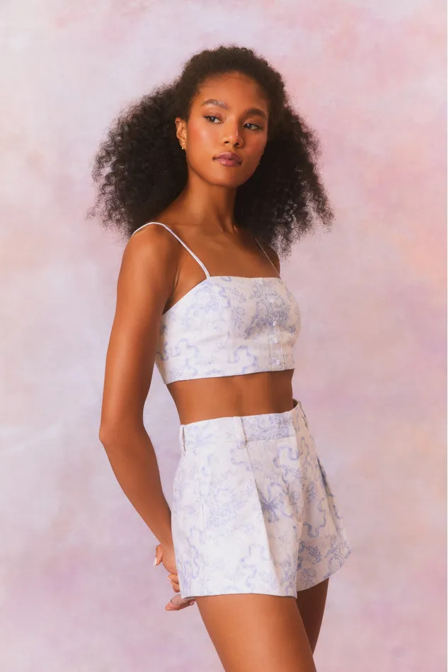 Women Tops LoveShackFancy Isadore Bow Print Cropped Top Blissful Blue