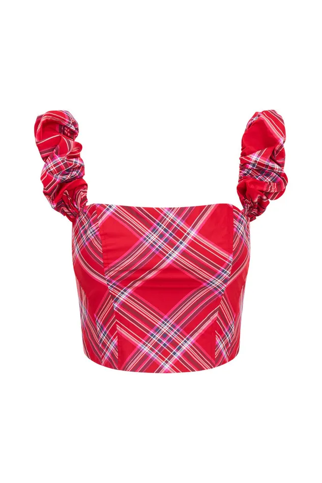 Women Tops LoveShackFancy Maryjane Tartan Bustier Top Cheery Red