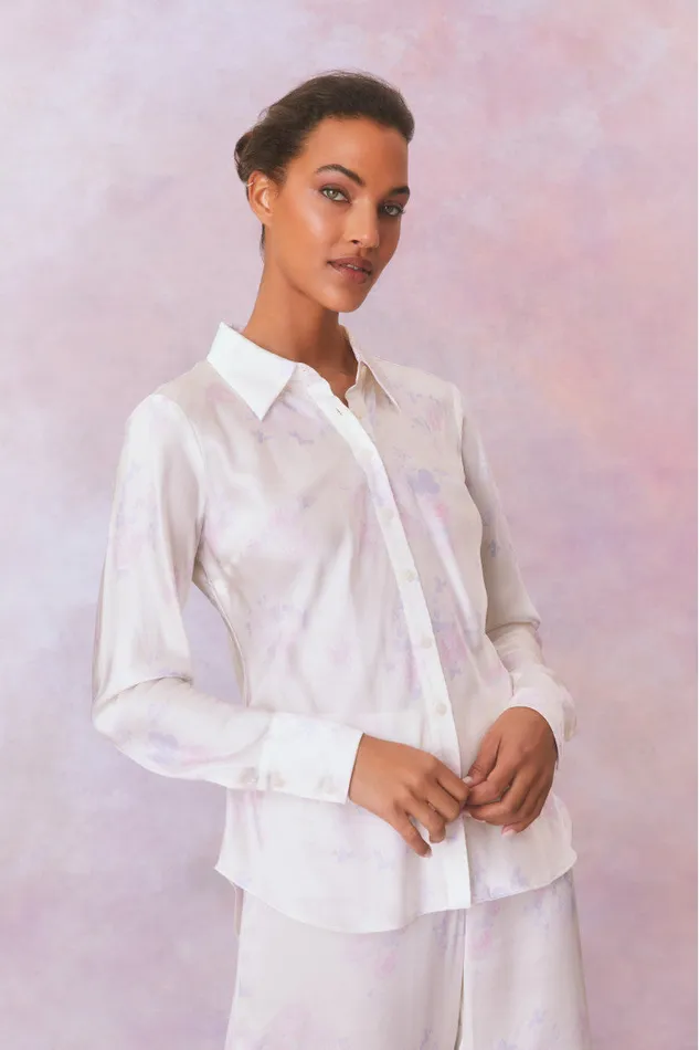 Women Tops LoveShackFancy Quintenette Silk Printed Rosette Top Lilac Pearl