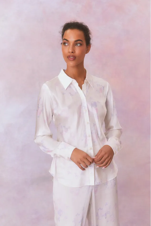 Women Tops LoveShackFancy Quintenette Silk Printed Rosette Top Lilac Pearl