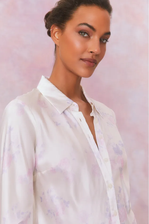 Women Tops LoveShackFancy Quintenette Silk Printed Rosette Top Lilac Pearl