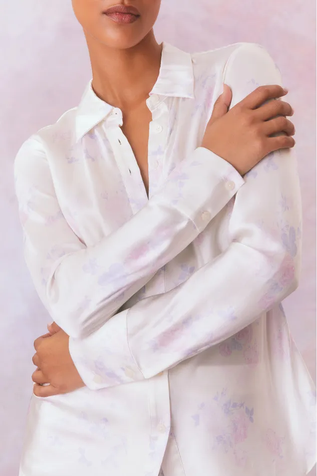 Women Tops LoveShackFancy Quintenette Silk Printed Rosette Top Lilac Pearl