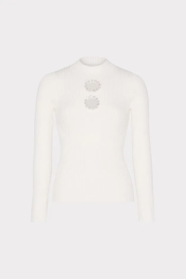 Women Tops Milly Crystal Cut Out Knit Mock Neck Ecru