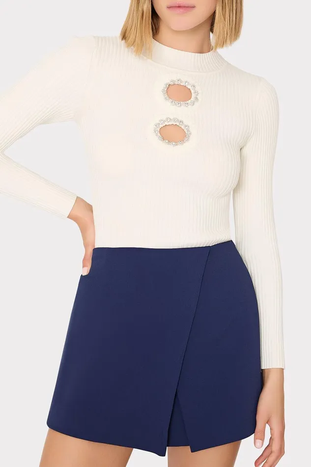 Women Tops Milly Crystal Cut Out Knit Mock Neck Ecru