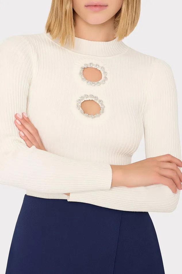 Women Tops Milly Crystal Cut Out Knit Mock Neck Ecru