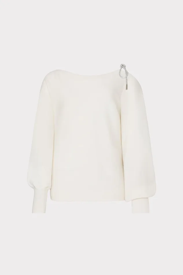Women Tops Milly Ida Crystal Bow Cold Shoulder Sweater Ecru