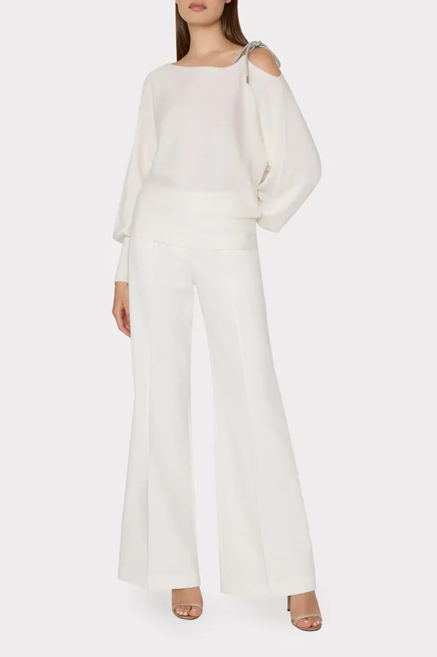Women Tops Milly Ida Crystal Bow Cold Shoulder Sweater Ecru