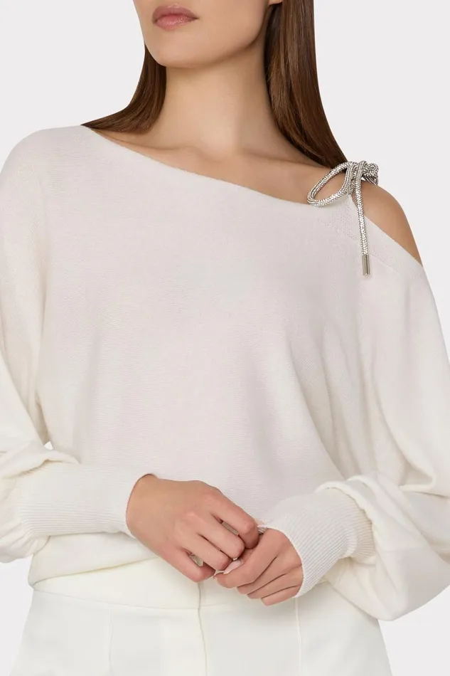 Women Tops Milly Ida Crystal Bow Cold Shoulder Sweater Ecru