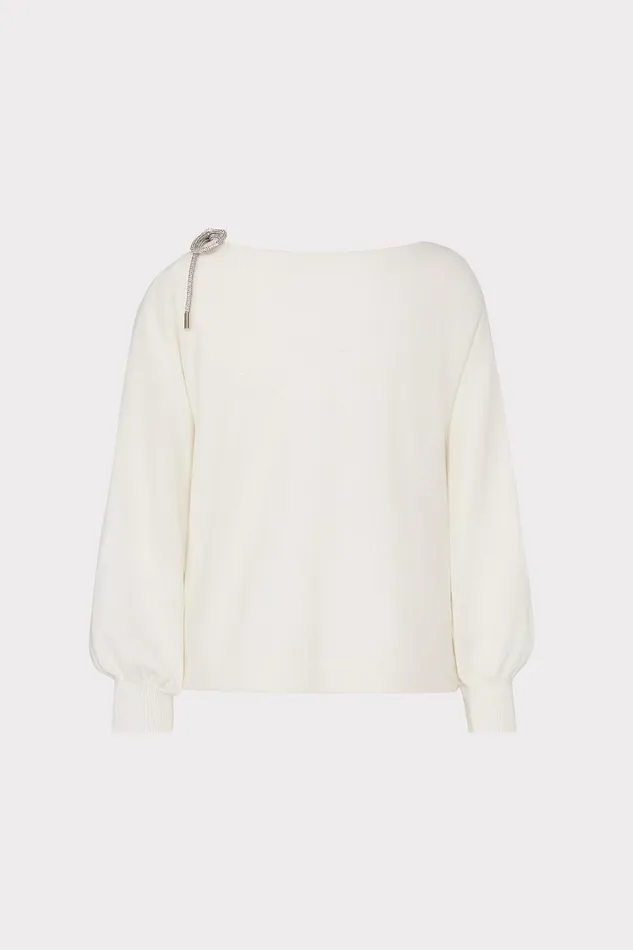 Women Tops Milly Ida Crystal Bow Cold Shoulder Sweater Ecru