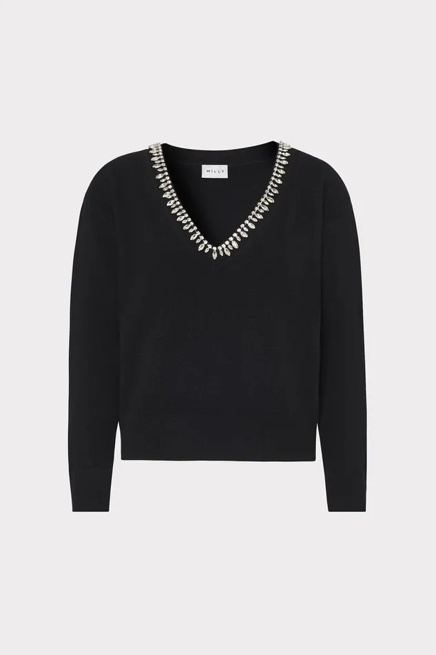 Women Tops Milly Kalia Crystal VNeck Sweater Black
