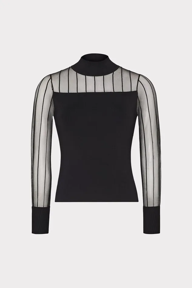 Women Tops Milly Krissy Sheer Knit Mockneck Top Black