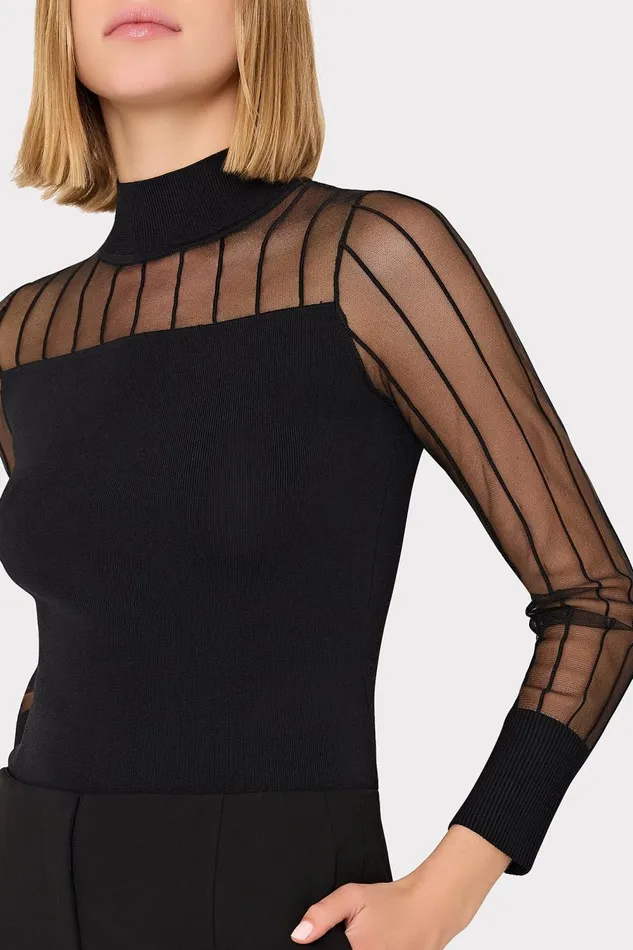 Women Tops Milly Krissy Sheer Knit Mockneck Top Black Women Tops Milly Krissy Sheer Knit Mockneck Top Black