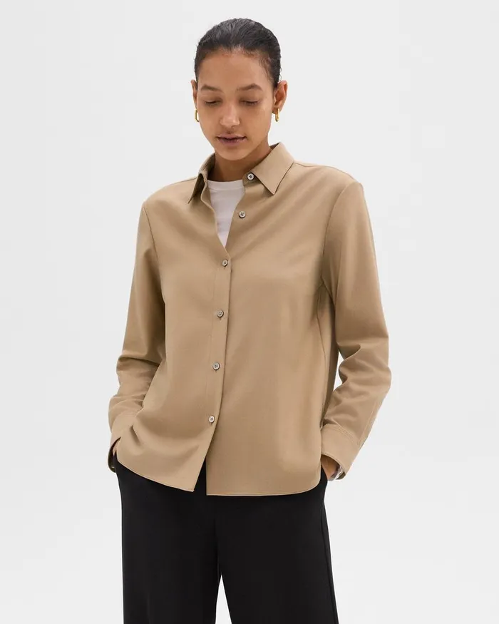 Women Tops Theory Straight Shirt In Sleek Flannel New Camel