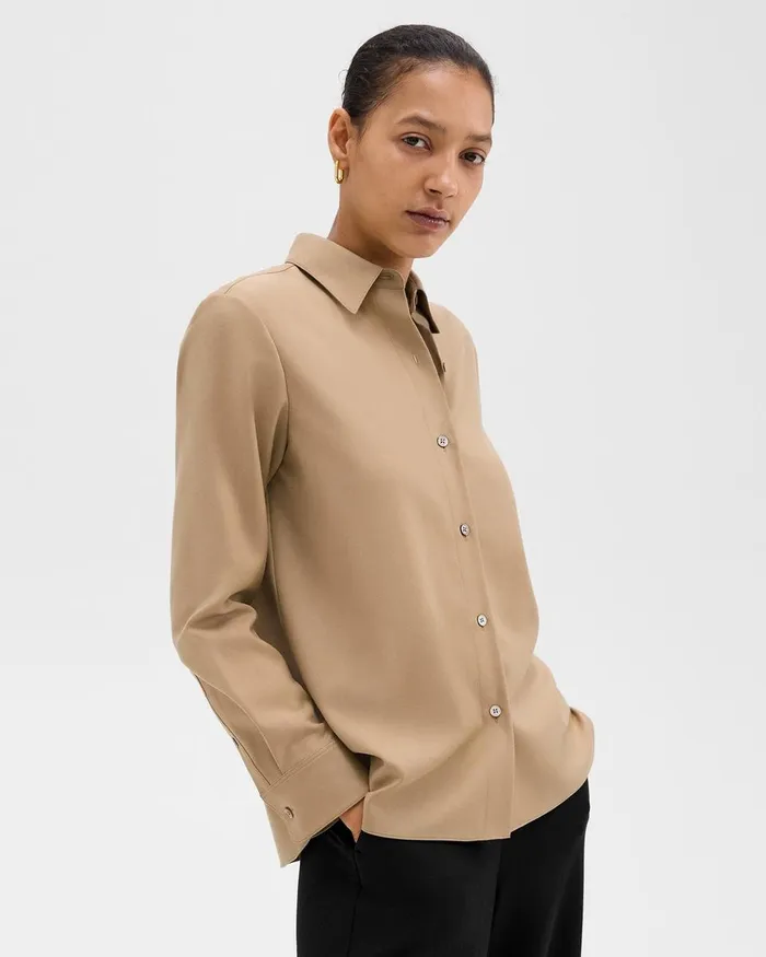 Women Tops Theory Straight Shirt In Sleek Flannel New Camel