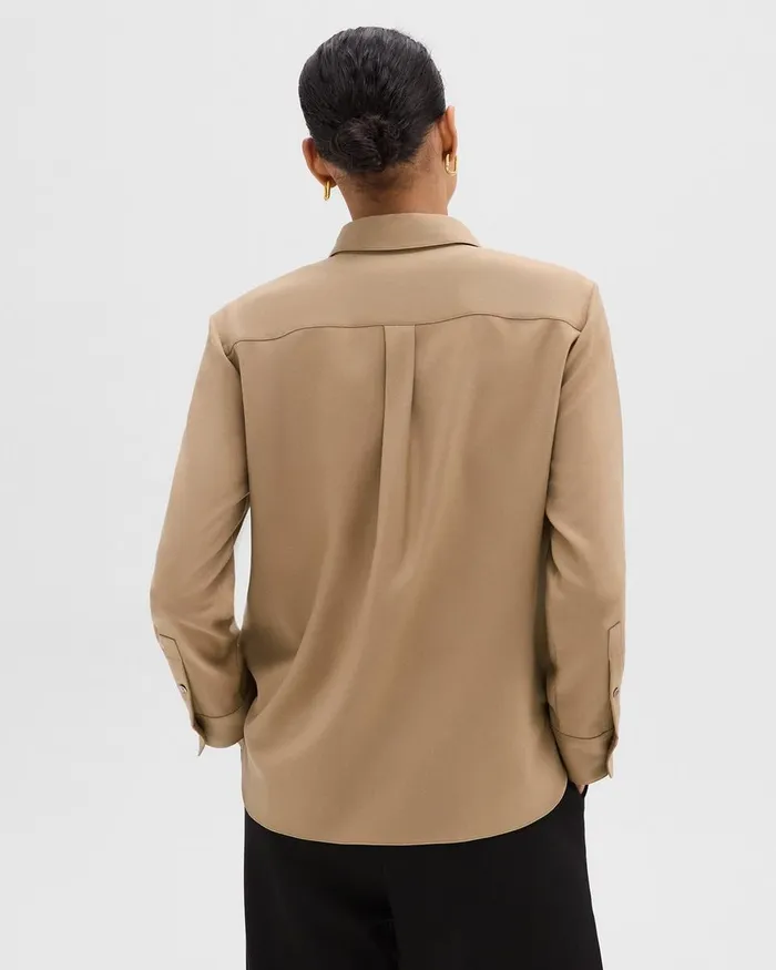 Women Tops Theory Straight Shirt In Sleek Flannel New Camel
