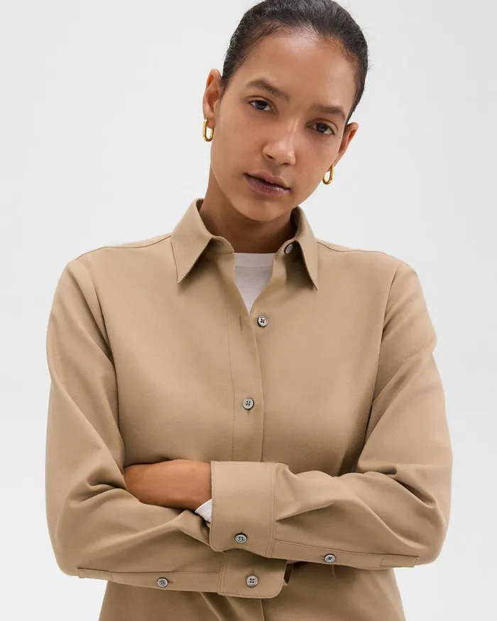Women Tops Theory Straight Shirt In Sleek Flannel New Camel