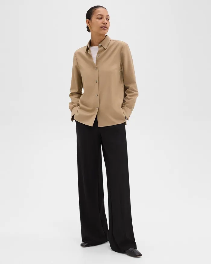 Women Tops Theory Straight Shirt In Sleek Flannel New Camel