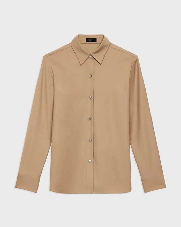 Women Tops Theory Straight Shirt In Sleek Flannel New Camel