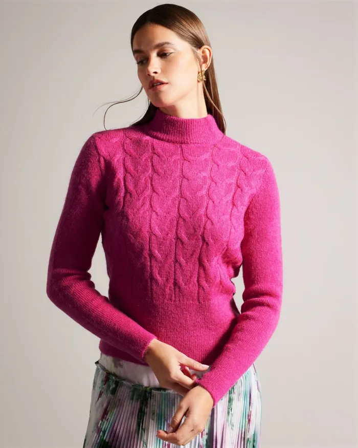 Women VEOLAA 8211 Wool And Mohair Blend Cable Knit Jumper Bright Pink Ted Baker Jumpers and Cardigans
