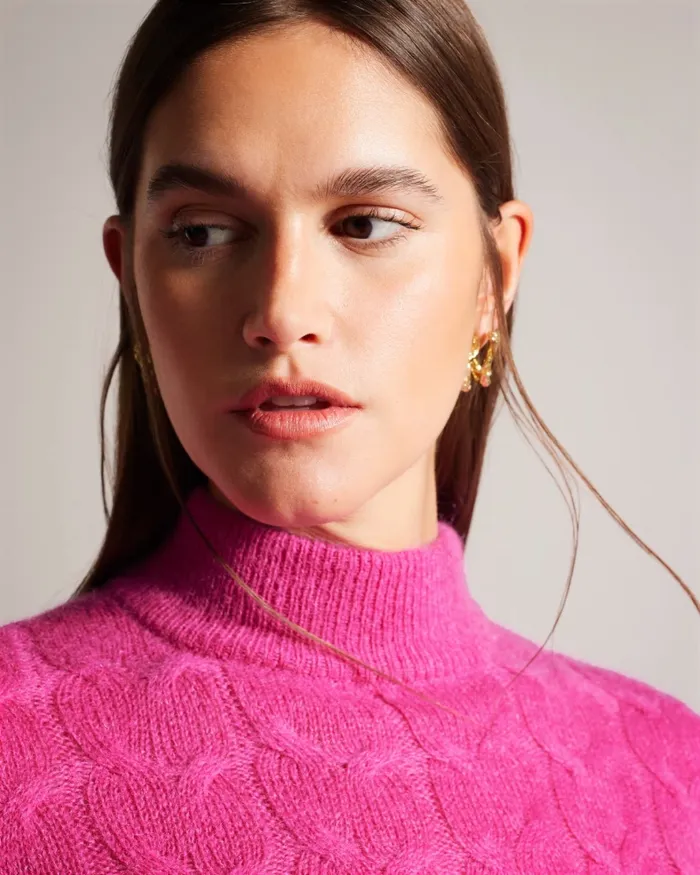 Women VEOLAA 8211 Wool And Mohair Blend Cable Knit Jumper Bright Pink Ted Baker Jumpers and Cardigans