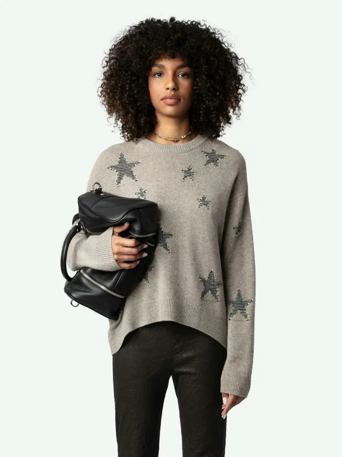 Women Zadig and Voltaire Sweaters and Cardigans Markus Stars Cashmere Sweater Latte Women Zadig and Voltaire Sweaters and Cardigans Markus Stars Cashmere Sweater Latte